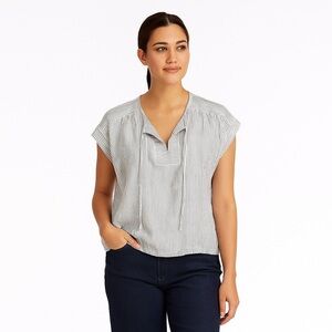 Elliott Lauren Women’s Small Stripe Linen Short Sleeve Blouse Tie Front Blouse